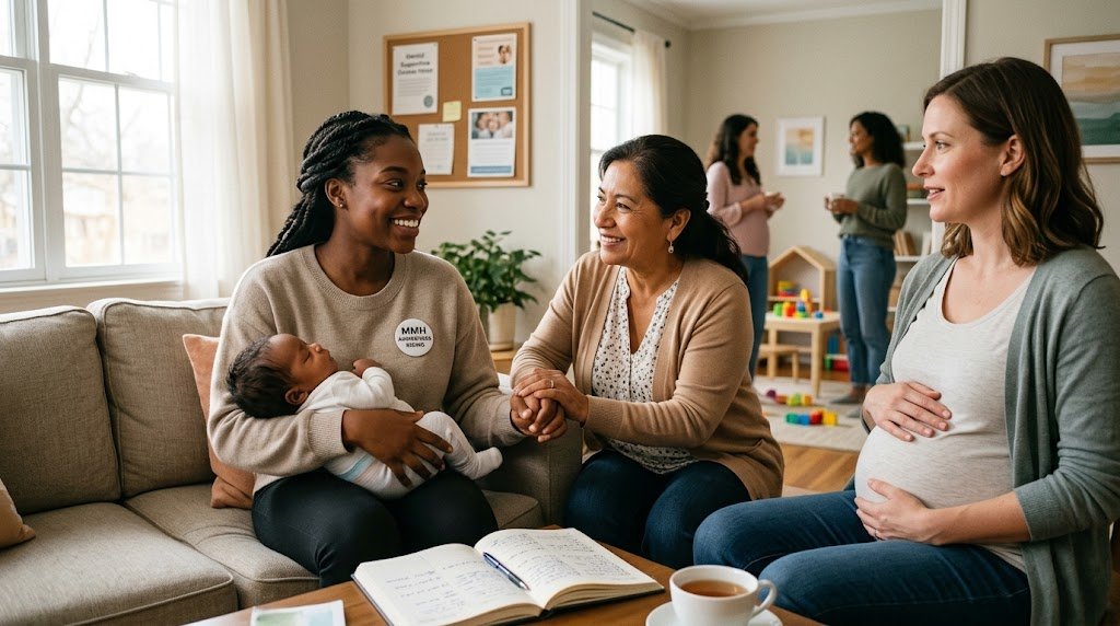 Illustration representing maternal mental health awareness, showing a mother receiving support after childbirth
