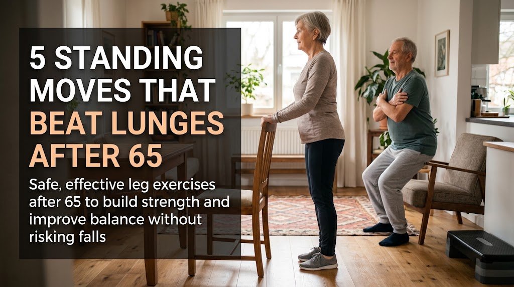 Senior standing exercise illustration showing leg strength moves recommended for adults after 65