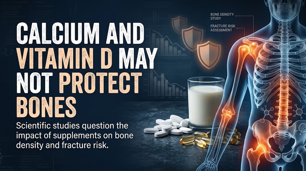 Illustration showing calcium and vitamin D supplements next to a human bone, representing new research on bone health