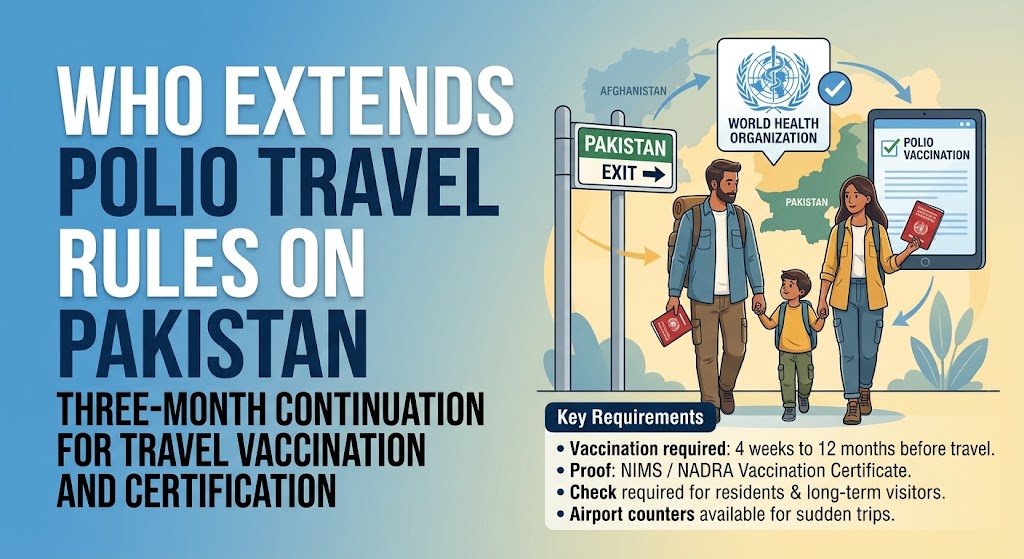 Polio vaccination and travel certificate concept image showing WHO travel restrictions on Pakistan