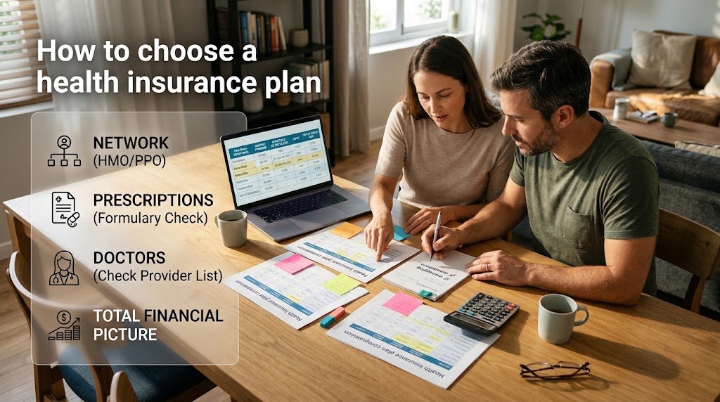 Illustration showing a person comparing health insurance plans and coverage options for 2026