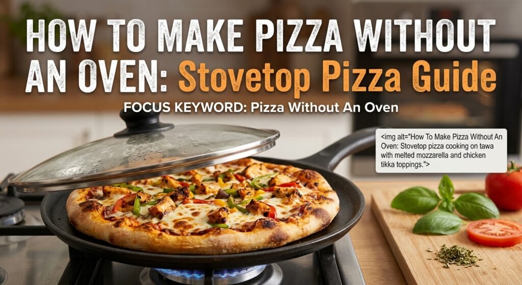 "Craving pizza without oven? Learn how to make crispy, cheesy stovetop pizza on a tawa or skillet with this easy step-by-step recipe."