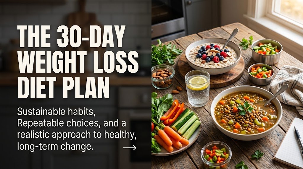 "A high-quality 16:9 featured blog image for 'The 30-Day Weight Loss Diet Plan'. On the left side, bold editorial text displays the full title alongside a subtitle emphasizing sustainable habits and balanced eating. On the right side, a healthy, wholesome spread on a rustic wooden kitchen table showcases overnight oats with berries, fresh vegetables, a bowl of nutritious soup, and a glass of water under warm, natural lighting."