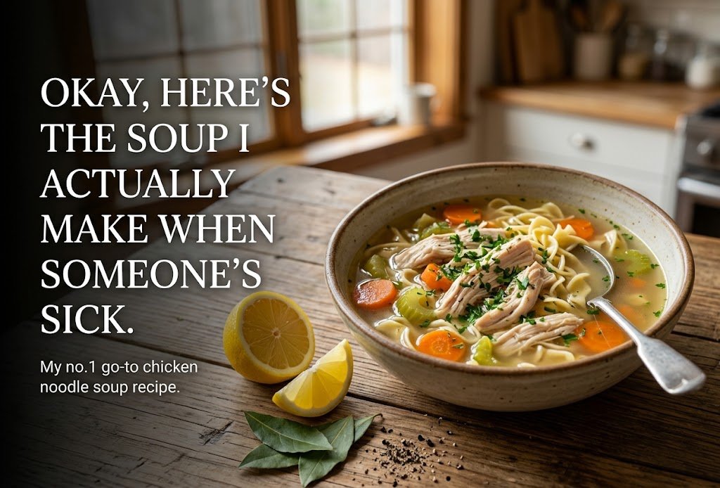 A high-quality featured blog image for a chicken noodle soup article. The graphic features a banner title reading 'THE SOUP I ACTUALLY MAKE WHEN SOMEONE'S SICK' alongside a warm, inviting bowl of chicken noodle soup packed with shredded chicken, egg noodles, carrots, and celery, served with lemon slices and fresh parsley